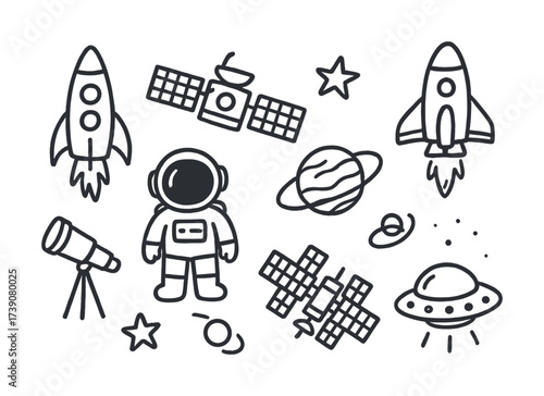 Space exploration doodles: astronauts, rockets, satellites, planets, and ufos