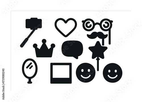 Party prop silhouettes: selfie stick, heart, glasses, moustache, crown, speech bubble