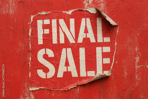 Red final sale poster vintage peeling textured wall old paper advertising grunge typography bold message distressed urban promotional background