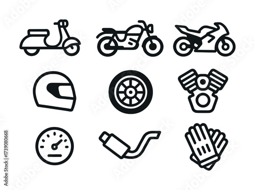 Motorcycle icon set: scooters, helmets, tires, engines, speedometers, exhausts, gloves
