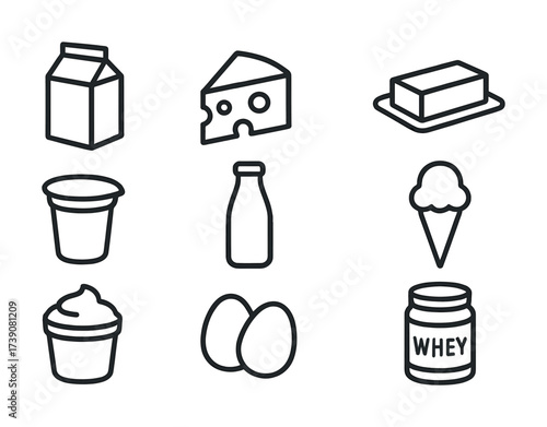 Collection of dairy product icons: milk, cheese, butter, yogurt, ice cream, eggs, whey protein