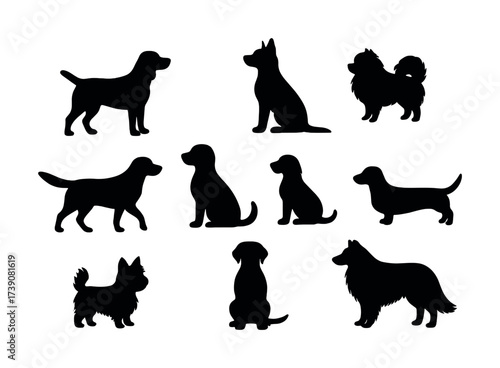 Silhouettes of nine diverse dog breeds in various poses on white background