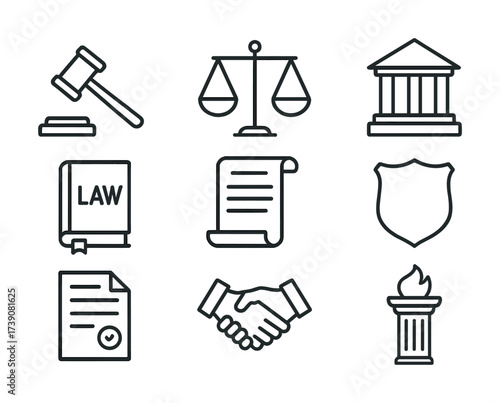 Legal justice icons collection with gavel, scale, courthouse