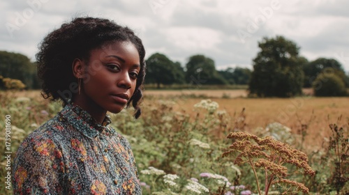 a woman of colour standing in the middle of a field
