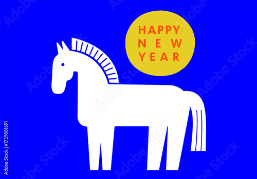 2026_HAPPY NEW YEAR_年賀状デザイン_横,午年,馬_青背景あり｜2026_HAPPY NEW YEAR_New Year's Card Design_Horizontal, Year of the Horse,Horse_With Blue Background
