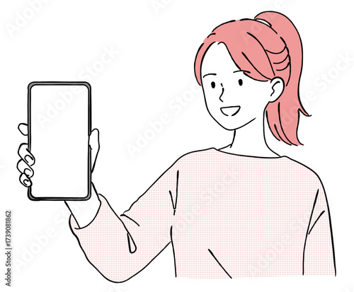 笑顔でスマートフォンを掲げる女性の線画イラスト,画面,アプリ,案内