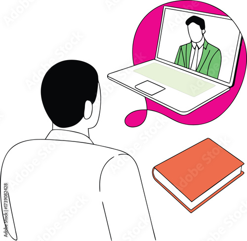 Man attending online meeting with laptop and book nearby