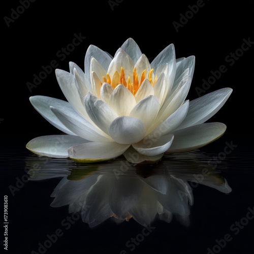 A single white water lily or lotus flower in full bloom with a perfect reflection on calm water, isolated on a black background. Serene, elegant, and minimalist composition symbolizing purity, tranqui