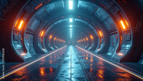 A futuristic metallic tunnel with glowing lights, reflecting on the wet floor, perspective creates a sense of endless space