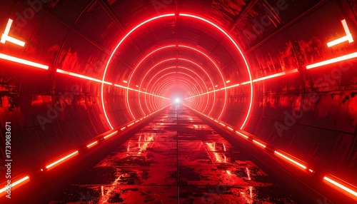 A futuristic tunnel with red neon lights stretching towards a bright light at the end. The walls are rusty and metallic