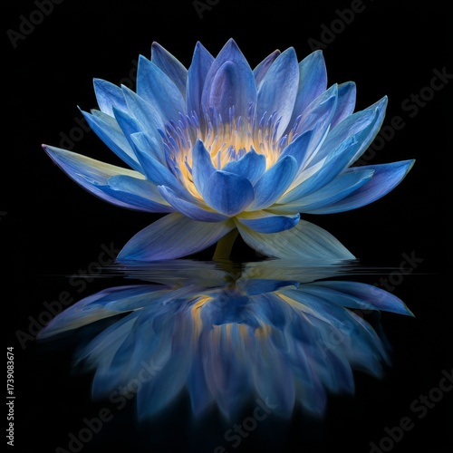 Mystical blue water lily or lotus flower with a glowing golden center, floating on water with a perfect reflection against a black background. Magical and spiritual concept symbolizing serenity, wisdo