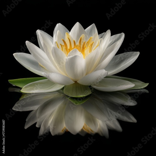 Elegant white water lily or lotus flower resting on a green pad with a soft reflection on the water, isolated against a solid black background. A symbol of purity, balance, and harmony, this serene im