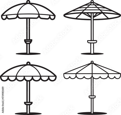 Set of Beach Umbrella Outline vector illustration isolated On Transparent Background