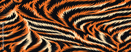 Vectand illustration of tiger skin pattern highlighting wild striped fur texture, perfect fand artistic wallpapers, fabric prints, and tiled backgrounds.