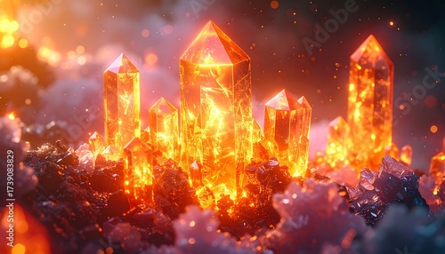A glowing cluster of fiery, crystalline structures rises from a bed of frosted, cloudy material, bathed in warm light