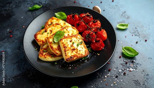 A gourmet dish of grilled, golden-brown cheese squares, roasted cherry tomatoes on a vine, and fresh basil leaves