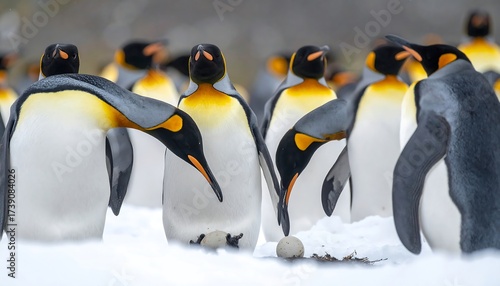 A group of penguins with black and yellow markings, gathered together in a snowy landscape, some looking down, with two eggs present