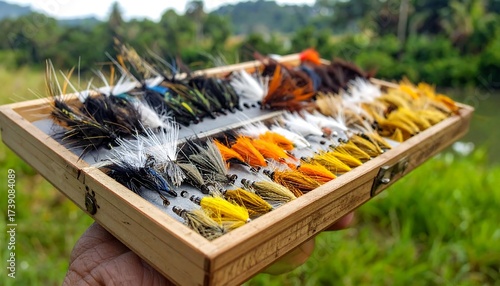 A hand holds a wooden box filled with a vibrant collection of artificial fishing flies, ready for angling. Lush green foliage forms a blurred backdrop