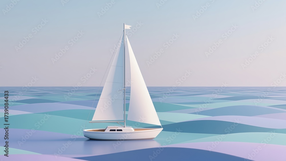 Fototapeta premium A white sailboat glides across the calm pastel-colored sea under a clear sky, captured within soft daylight featuring a serene and minimalistic atmosphere from a side view