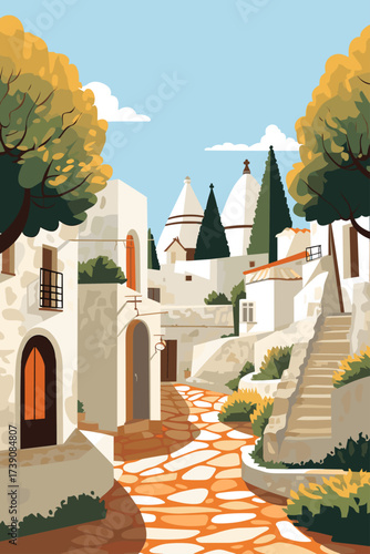 Alberobello, Italy town illustrated poster in retro style. Vintage vector travel booklet, brochure, postcard, print, cover with panoramic view, street, houses