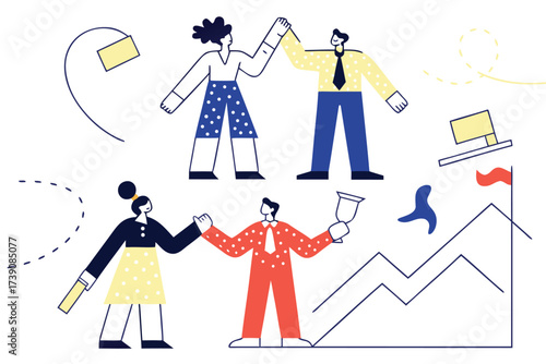 Business team celebrating success with charts and awards