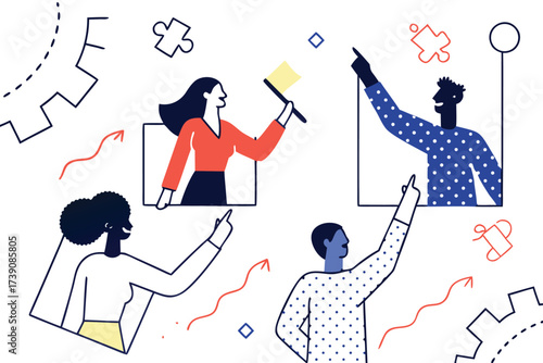 Diverse team members collaborating and pointing towards goals