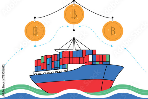 Cargo Ship with Bitcoin Symbols and Arrows on White Background Keywords: cargo ship, container ship, freight ship, bitcoin, cryptocurrency, digital