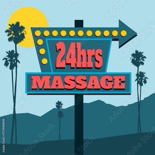 Retro 24hrs massage neon sign with palm trees