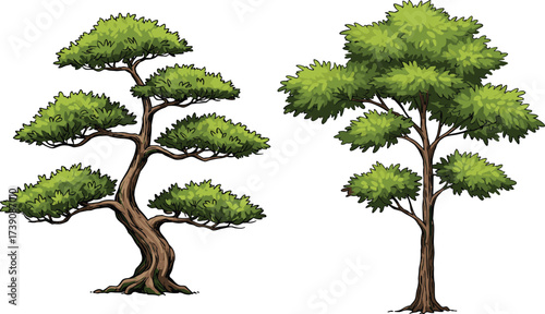 Beautiful green trees with natural leaves, hand drawn forest illustration, detailed foliage design, eco friendly nature vector, outdoor landscape element, environmental plant 