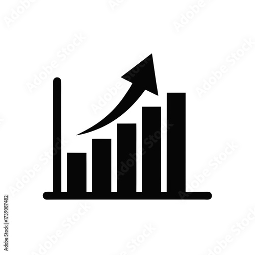 Black and white bar graph with an arrow indicating an upward trend in a minimalist style design icon on transparent background silhouette