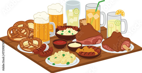 Oktoberfest feast: pretzels, beer, sausages, pork knuckles, and potato salad on a wooden tray.