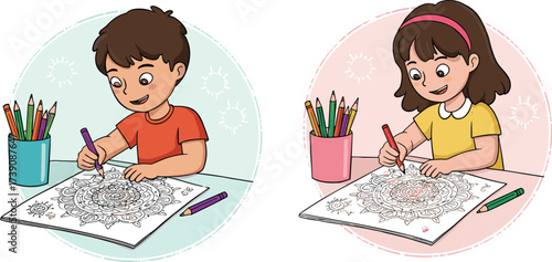 Children coloring mandala artwork, boy and girl drawing, kids creative activity, classroom art project, mindfulness coloring, childhood education, learning focus
