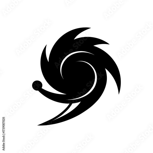Stylized black and white hurricane vortex with a circular appendage on the side forming a unique design on transparent background silhouette