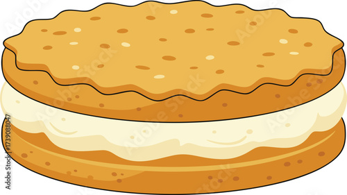 A cartoon illustration of a golden-brown sandwich cookie with a creamy white filling.