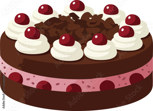 A delicious chocolate Black Forest cake decorated with whipped cream, chocolate shavings, and red cherries.