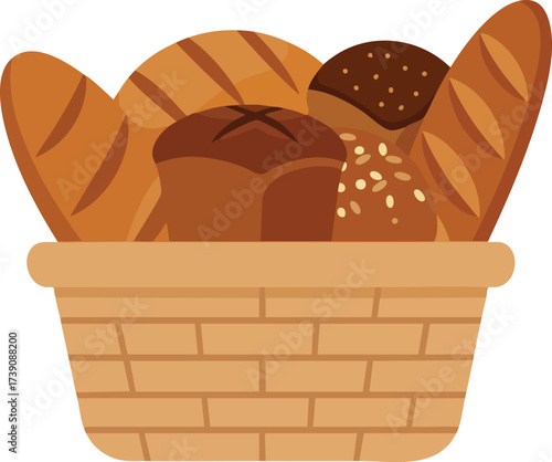 A woven wicker basket filled with a variety of freshly baked bread loaves, including a baguette and rye.