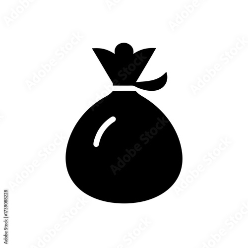 Illustration of a tied sack in solid black with a visible tie and a curved highlight on the side on transparent background silhouette