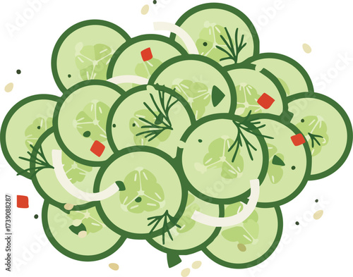 A vector illustration of a fresh cucumber salad with dill, onion slices, and red pepper flakes.