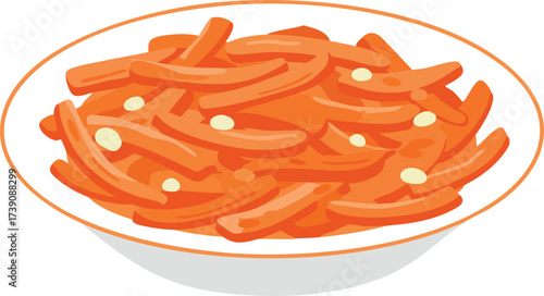 A close-up illustration of a white bowl filled with sliced carrots in a bright orange sauce, garnished with small white pieces.