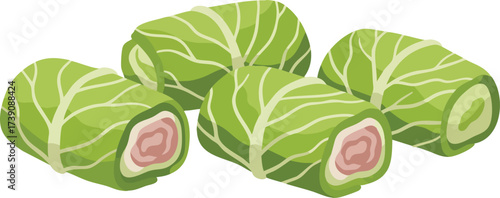 A group of four delicious looking cabbage rolls filled with meat, presented on a white background.