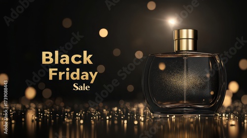 Elegant perfume bottle on black background for black friday sale event
