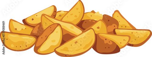 A delicious pile of golden brown fried potato wedges shown in a cartoon vector style, isolated on a white background.