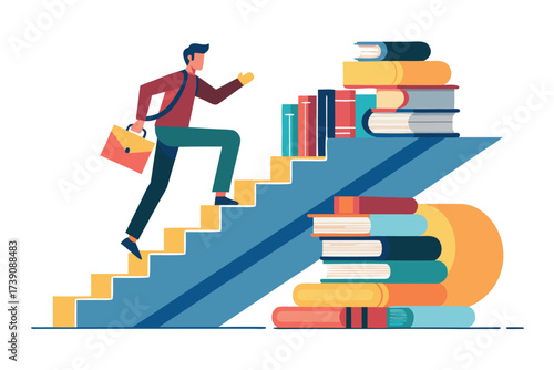 Man ascending book stairs with briefcase and bag books