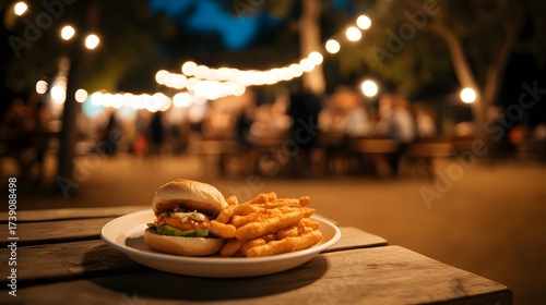 Delicious Burger and Fries at Night Outdoor Event