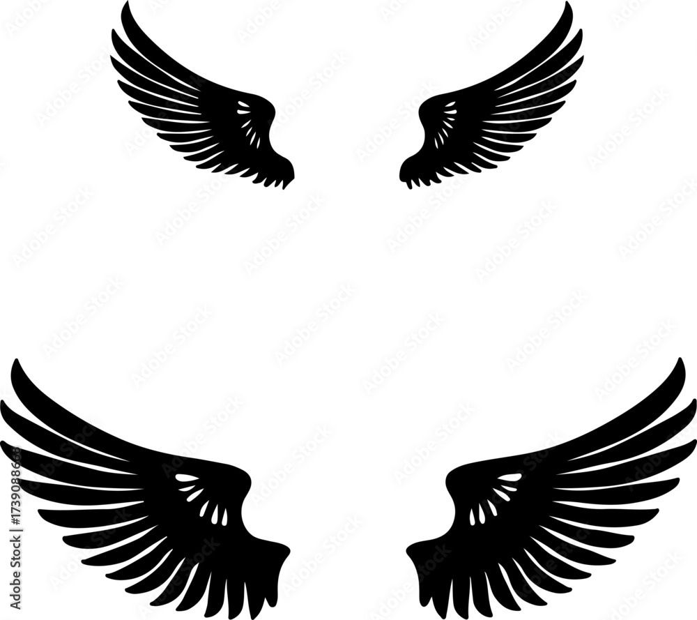 Fototapeta premium set of vector wings, bird, eagle, silhouette, vector, wing, flying, animal, illustration, tattoo, wings, feather, dove, black, design, fly, nature, hawk, symbol, icon, birds, angel, pigeon, flight, se