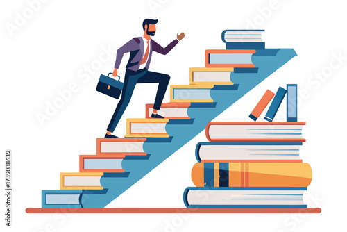 Businessman climbing stairs made of books with briefcase