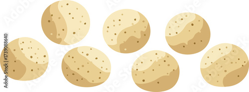 An illustration of seven round, speckled beige cookies or sweets on a white background.