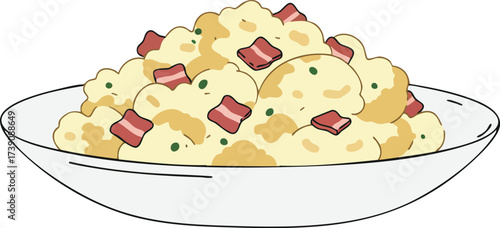 A bowl of creamy mashed potatoes topped with crispy bacon bits and chopped chives.
