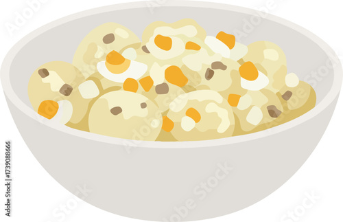 A simple vector illustration of a white bowl filled with creamy potato salad.