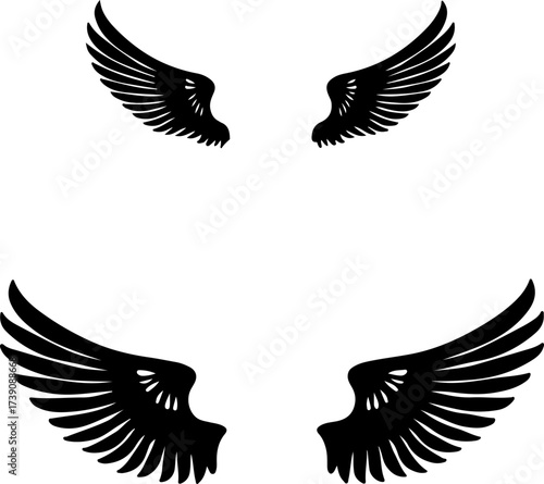 set of vector wings, bird, eagle, silhouette, vector, wing, flying, animal, illustration, tattoo, wings, feather, dove, black, design, fly, nature, hawk, symbol, icon, birds, angel, pigeon, flight, se